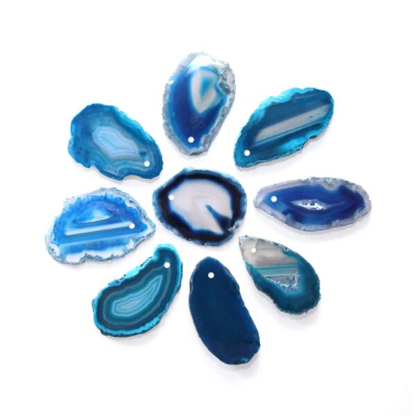 10 Achatscheiben Blau 2-4 cm gebohrt