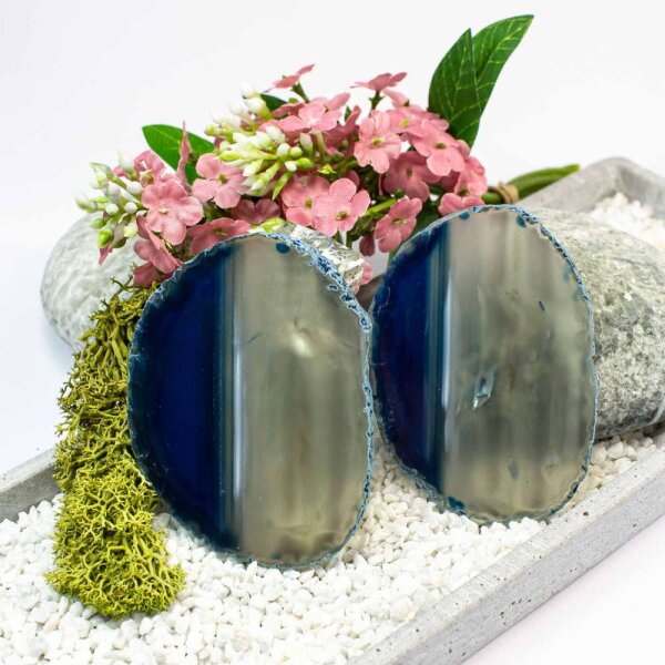 Achatscheiben Pärchen Blau ca.7,6cm - 32g / 7,6cm - 49g II. Wahl